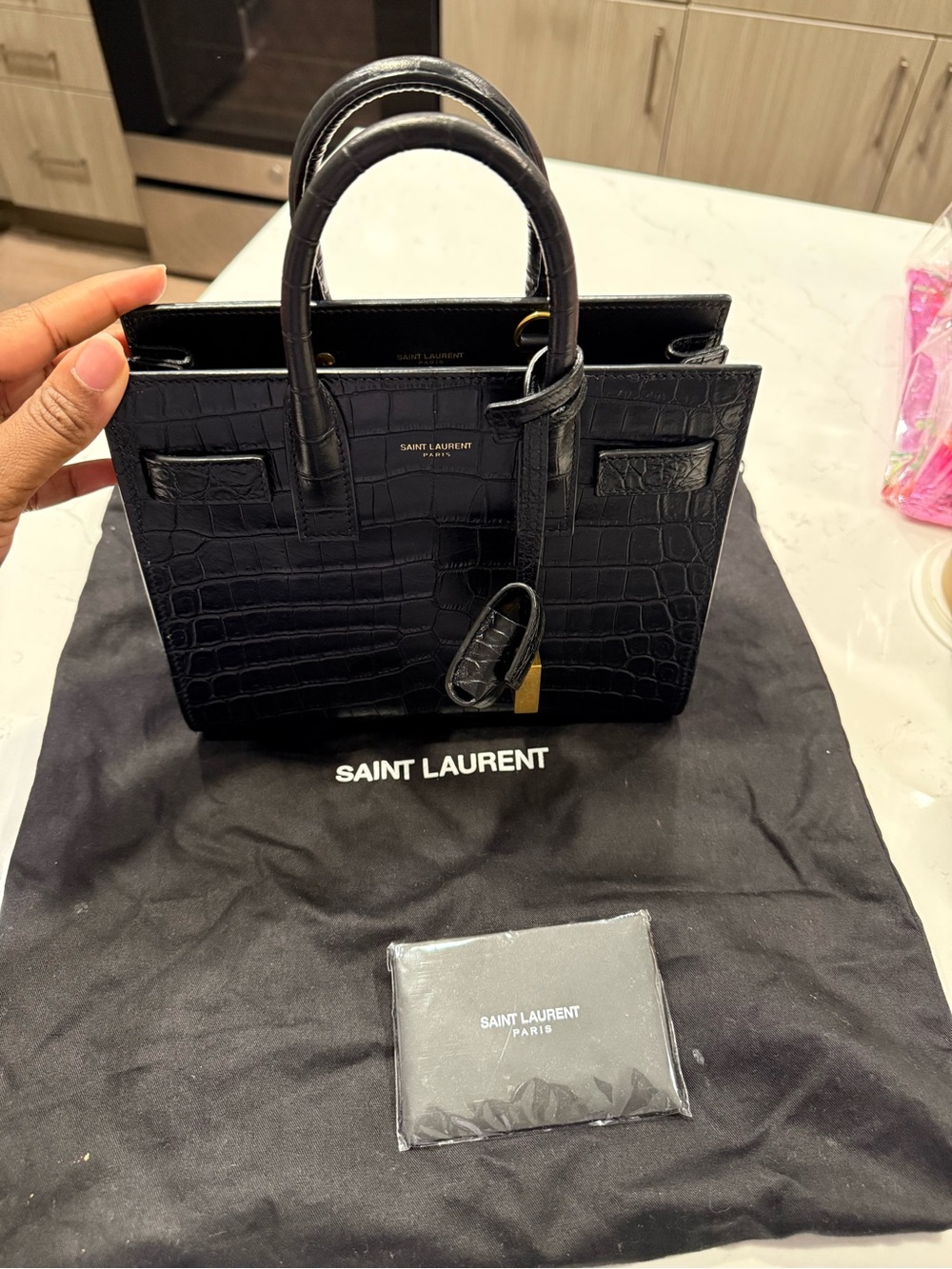 Saint Laurent Black Croc-Embossed Structured Satchel